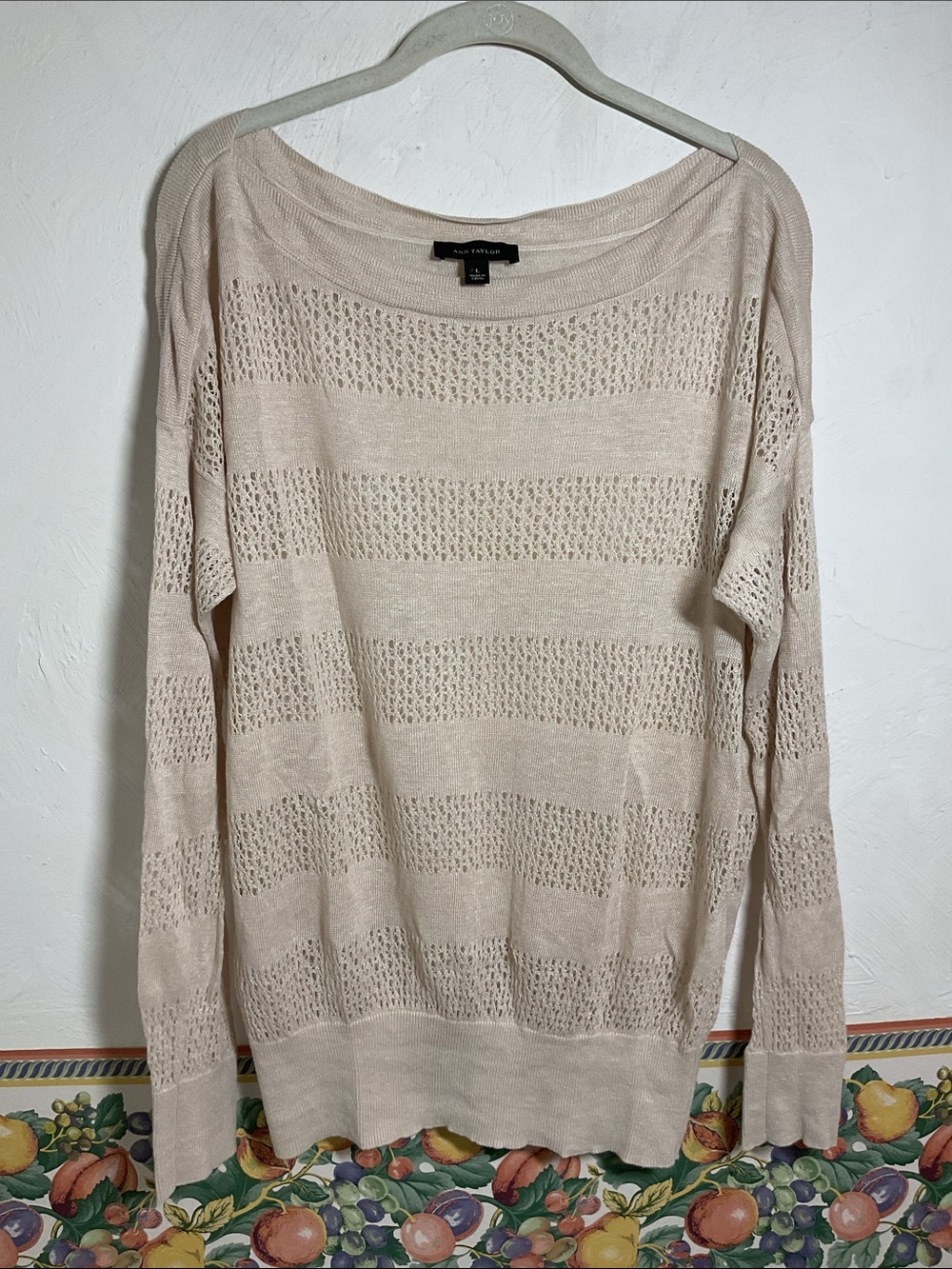 Ann Taylor Cream Open Knit Striped Boatneck Sweater Size L Slouchy Lightweight
